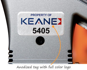 Asset tag with colored logo and consecutive number