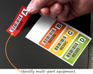 Colored barcode labels identify multipart equipment
