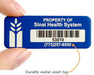 Custom metal asset tag with logo and barcode