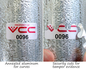 Destructible aluminum numbered tags for curves