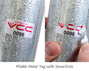 Pliable metal tag with securcuts