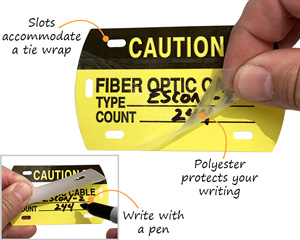 Self-laminating tags for fiber optic cables