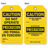 Caution Do Not Operate OSHA Safety 2 Sided Bilingual Tag