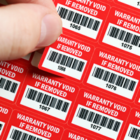 Destructible prenumbered labels~Warranty Void if Removed with barcode label